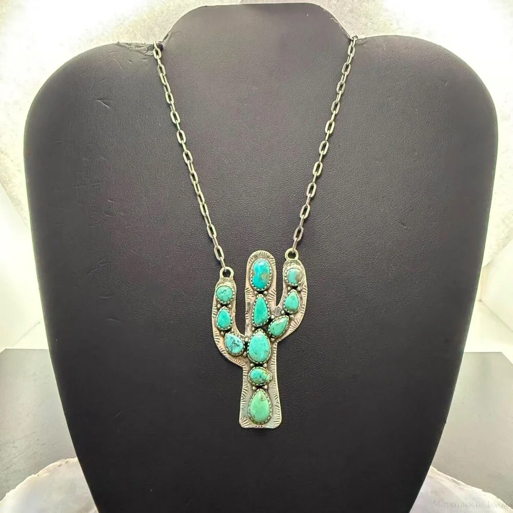 Sterling Southwestern Style Kingman Turquoise Cactus Pendant 22.5